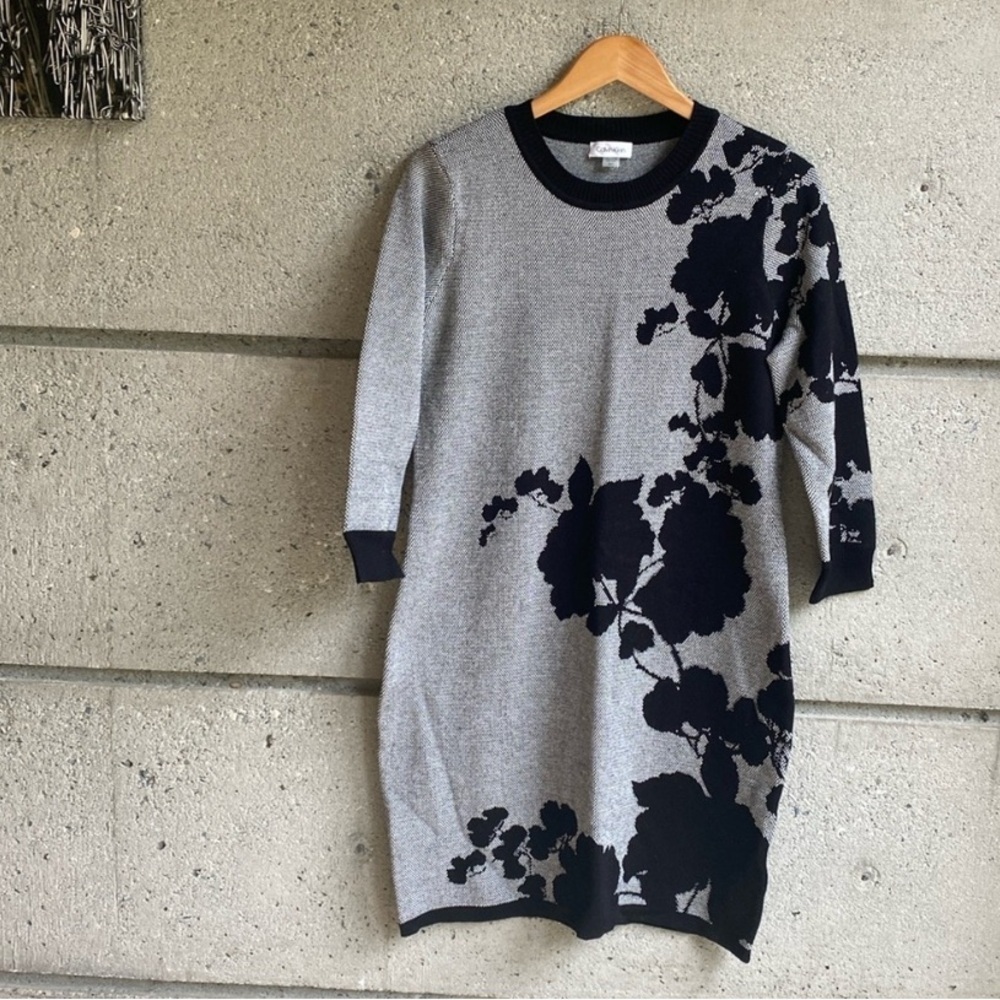 🤍 Calvin Klein Knit Black and Gray Floral Dress - Picture 2 of 7
